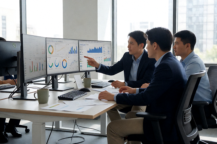 体育数据团队在屏幕前查看比赛统计图表与赛事数据的场景